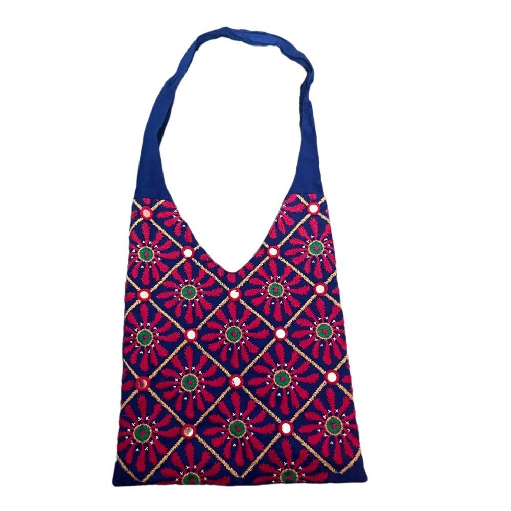 Cotton embroidered boho gypsy shoulder bag blue pink